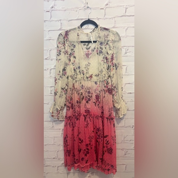 Anthropologie Ombre Pink & Cream Floral Chiffon Dress – Size 2 - Picture 2 of 8